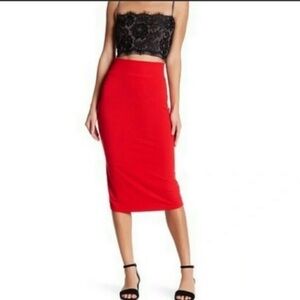 FREE PEOPLE XSMALL RED PULL ON WIDE WAISTBAND KNIT STRETCH MIDI PENCIL SKIRT